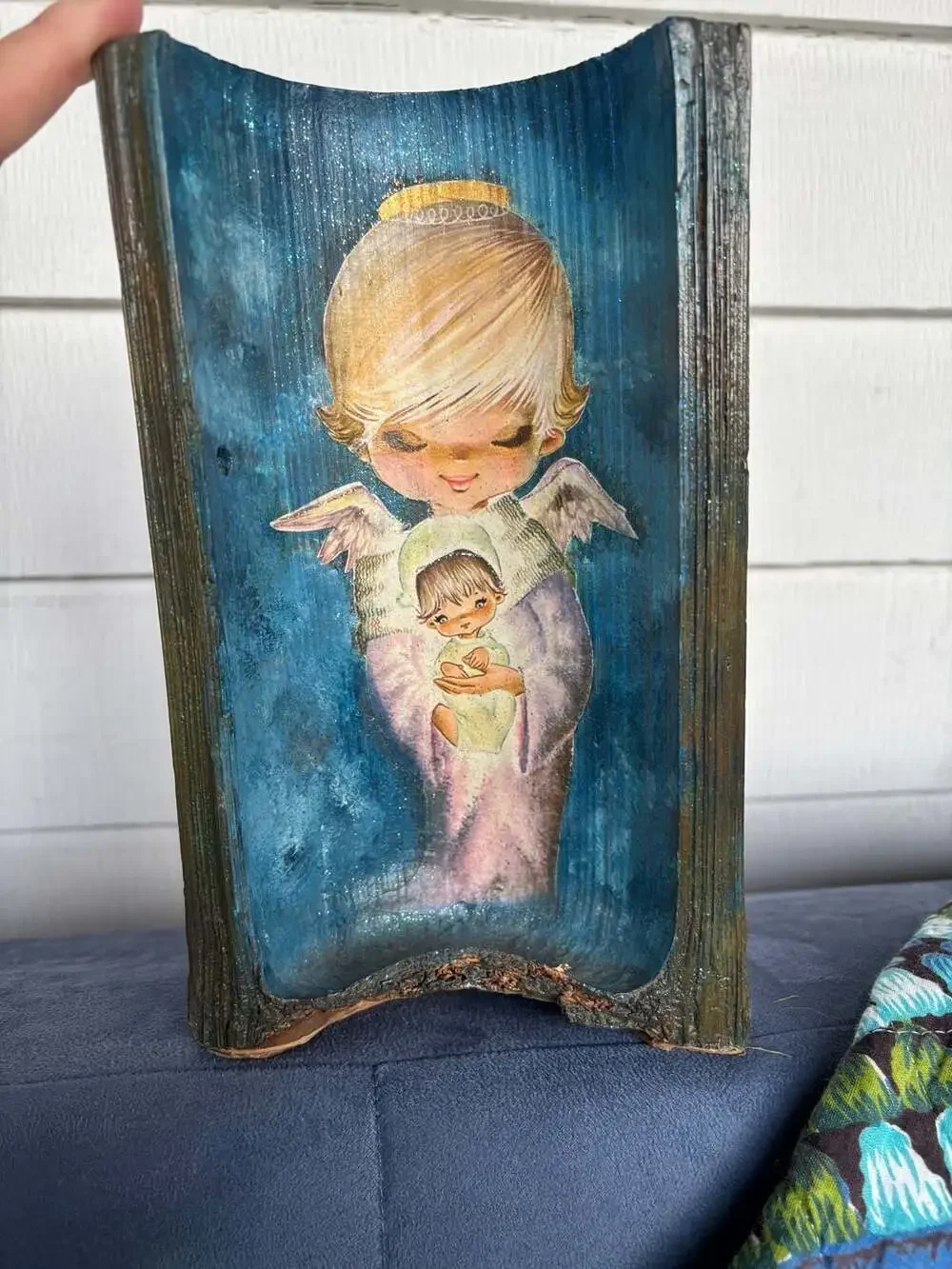 Vintage Retro Kitschy Angel with Baby Wall Art Plaque on Curved Wood Bark
